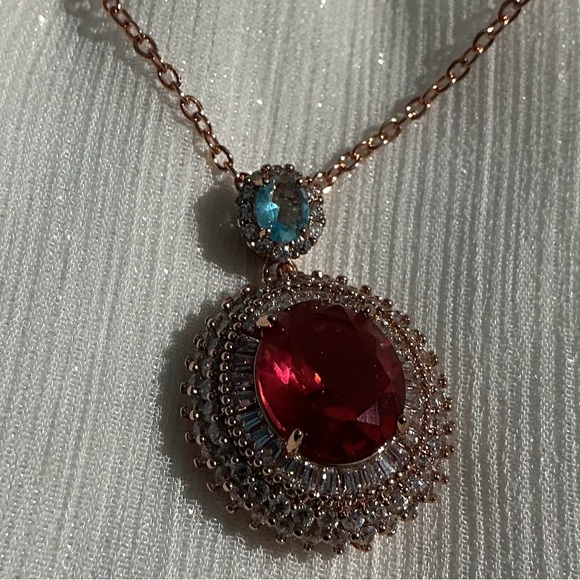 🌸 Rose Gold Halo Pendant with Simulated Ruby Center Stone